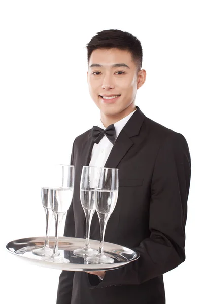 Waiter Holding Tray Drinks Portrait — Stock Photo, Image