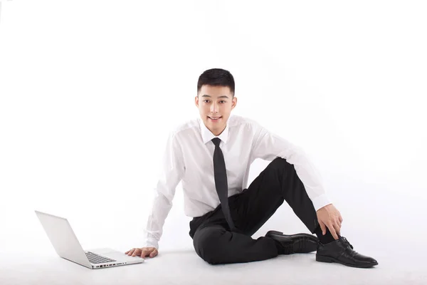 Portrait Young Bisinessman Sitting Front Laptop — Stock Photo, Image