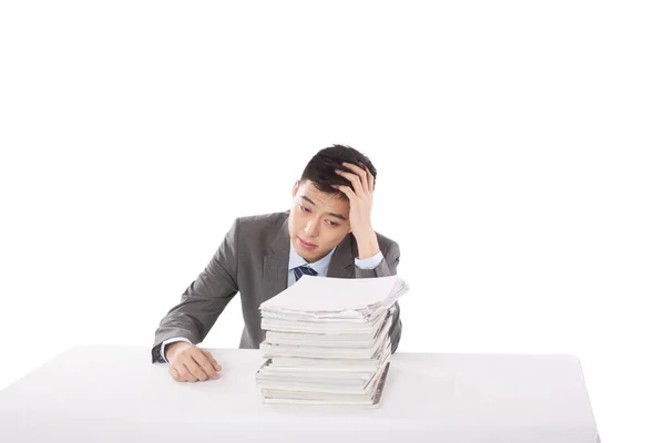 Portrait Young Man Sitting Desk Stack Files Portrait — Stock Photo, Image