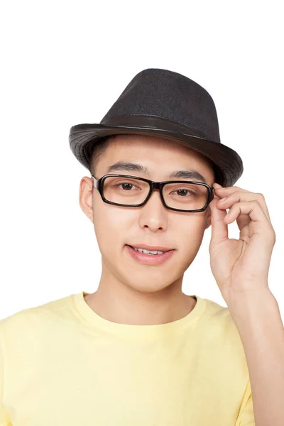 Portrait Young Man Wearing Hat Glasses — Stock Photo, Image