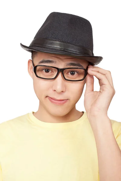 Portrait Young Man Wearing Hat Glasses — Stock Photo, Image