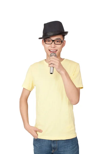 Studio Portrait Young Man Singing Microphone — Stock Photo, Image