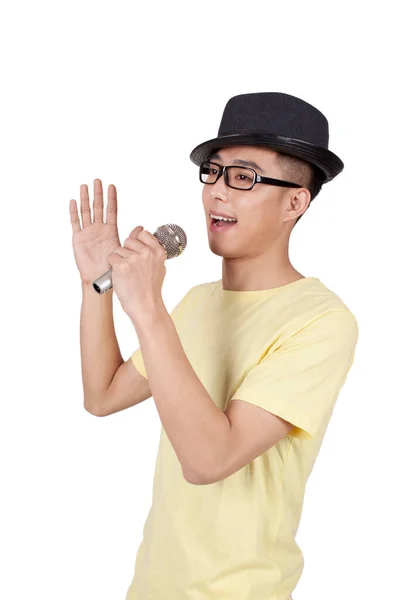 Studio Portrait Young Man Singing Microphone — Stock Photo, Image