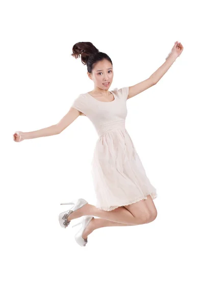 Mujer Joven Saltando Sonriendo — Foto de Stock