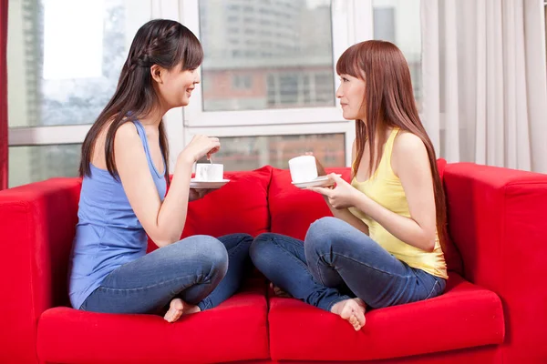 自宅でコーヒーを飲む2人の女性の友人の肖像 — ストック写真