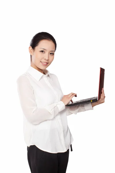 Mujer Negocios Sonriente Sosteniendo Una Computadora Portátil —  Fotos de Stock