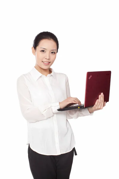 Smiling Businesswoman Holding Laptop — Stock Photo, Image