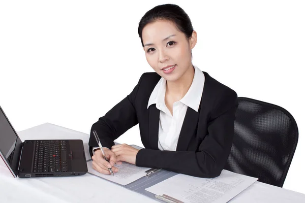 Businesswoman Sitting Table Smiling — Stock Photo, Image