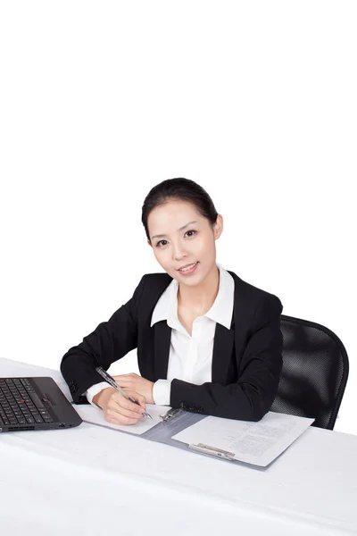 Businesswoman Sitting Table Smiling — Stock Photo, Image