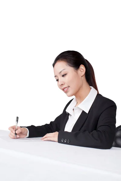 Businesswoman Writting Table Smile — Stock Photo, Image