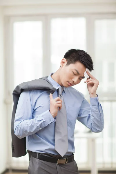 Portrait Young Businessman Wiping Forehead — Stock Photo, Image