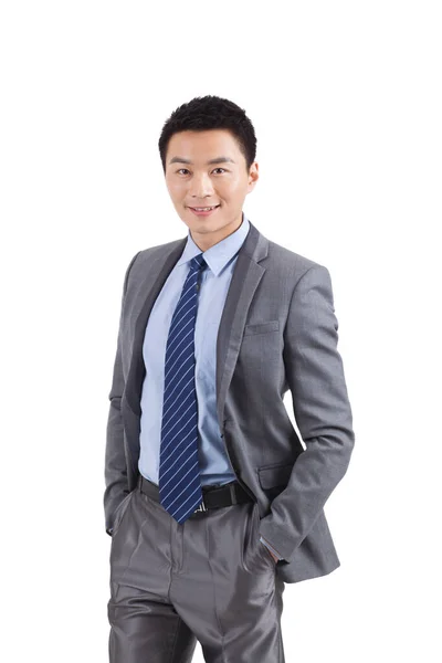 Portrét Mladého Podnikatele Stojící Bílém Pozadí — Stock fotografie