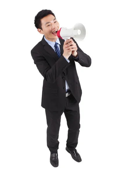 Portret Młodego Biznesmena Krzyczącego Megafonu Zbliżenie — Zdjęcie stockowe