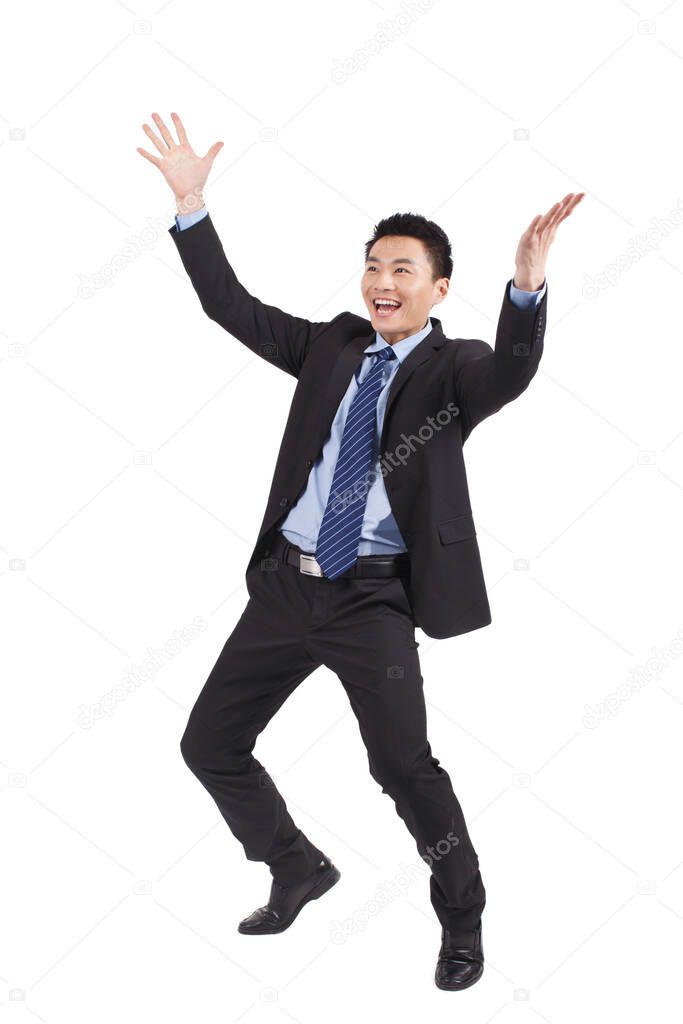 	Portrait of young businessman yelling,standing in white background 	