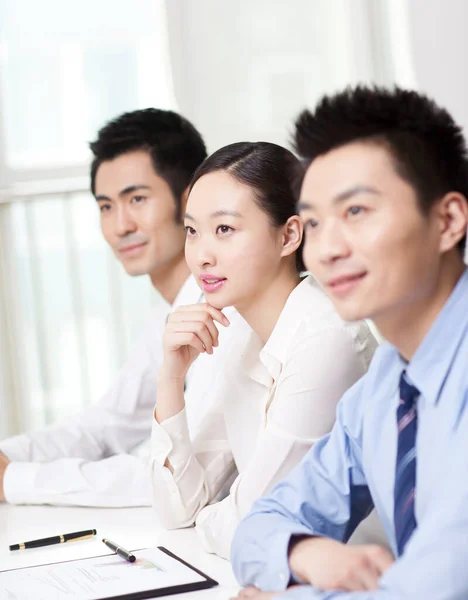 Executives Sitting Conference Table Focus Woman Foreground — 图库照片