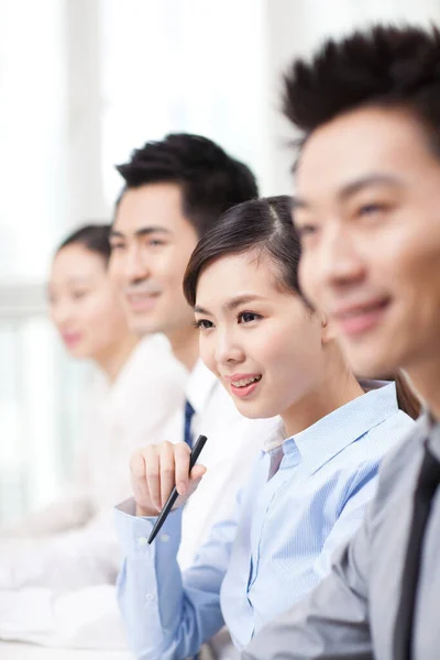 Executives Sitting Conference Table Focus Woman Foreground — 图库照片