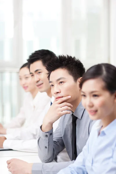 Executives Sitting Conference Table Focus Man Foreground — 图库照片