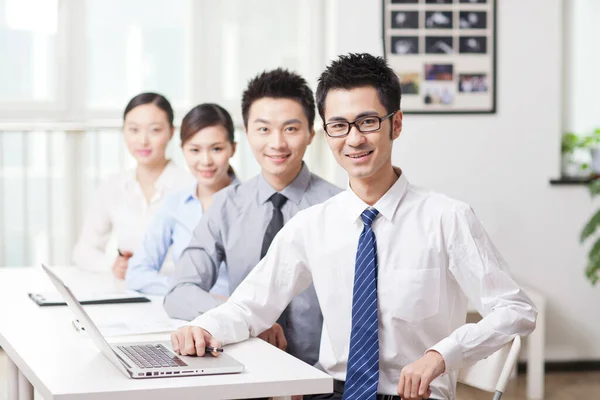 Executives Sitting Conference Table Focus Man Foreground — стокове фото