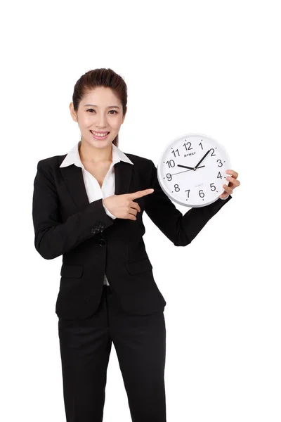 Geschäftsfrau Hält Uhr Auf Weißem Hintergrund — Stockfoto