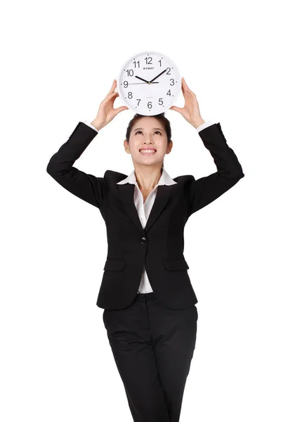 Businesswoman Holding Clock White Background — Stock Photo, Image