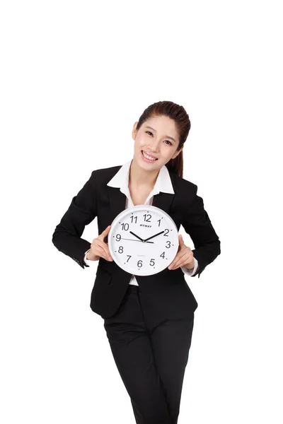 Femme Affaires Tenant Horloge Sur Fond Blanc — Photo