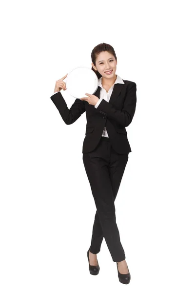 Businesswoman Holding Clock White Background — Stock Photo, Image