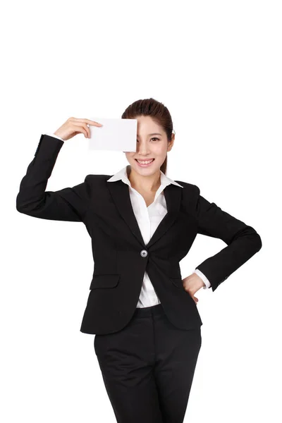 Businesswoman Holding Blank Card — Stock Photo, Image
