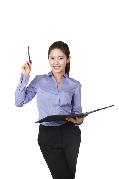 Businesswoman Holding Pen Aportfolio — Stock Photo, Image