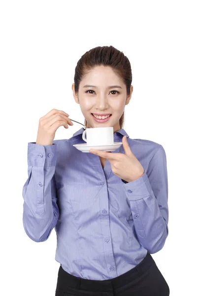 Affärskvinna Dricka Kaffe Vit Bakgrund — Stockfoto