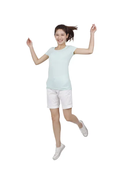 Young Woman Jumping White Background — Stock Photo, Image