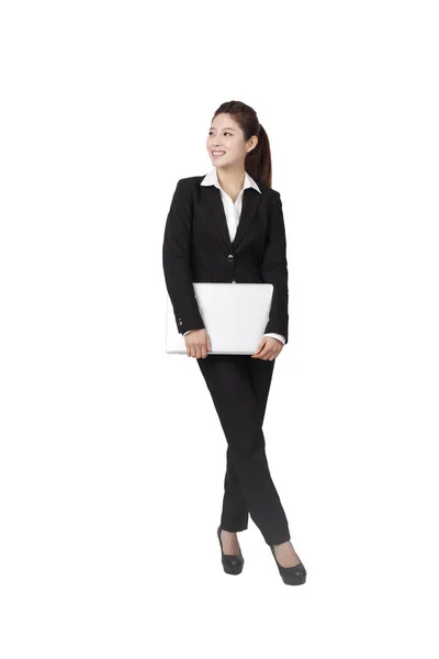Femme Affaires Tenant Ordinateur Portable Sur Fond Blanc — Photo