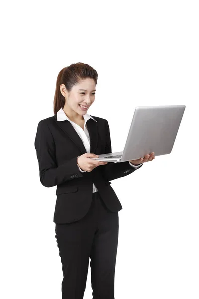 Zakenvrouw Holding Laptop Witte Achtergrond — Stockfoto