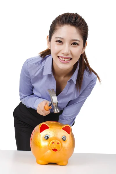 Businesswoman Using Hammer Smash Open Piggybank — Stock Photo, Image