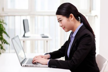 İş kadını dizüstü bilgisayar kullanıyor.