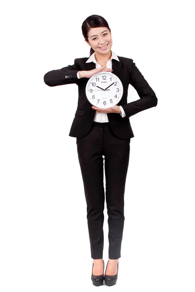 Femme Affaires Tenant Une Horloge — Photo
