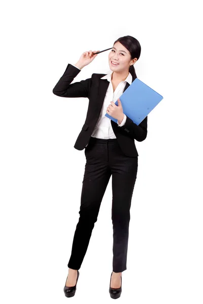 Bizneswoman Trzymająca Długopis Portfel — Zdjęcie stockowe