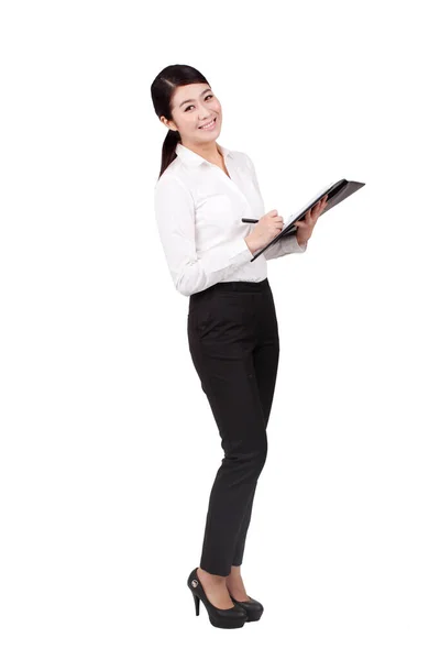 Bizneswoman Trzymająca Długopis Portfel — Zdjęcie stockowe