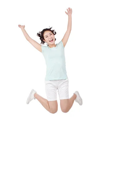 Young Woman Jumping White Background — Stock Photo, Image