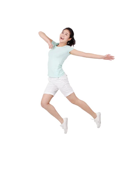 Jonge Vrouw Springen Witte Achtergrond — Stockfoto