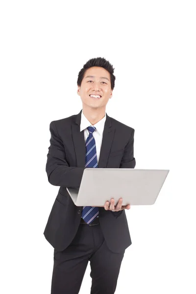 Asian Businessman Holding Laptop Computer — Stock Photo, Image