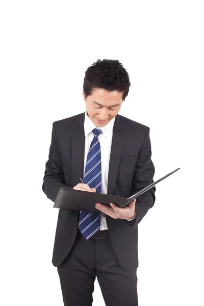 Businessman Holding Notebook Posing Studio — Stock Photo, Image