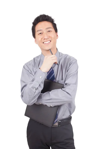Businessman Holding Notebook Posing Studio — Stock Photo, Image