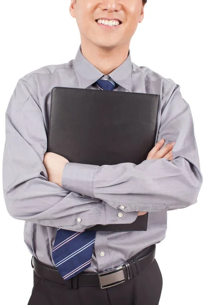 Businessman Holding Notebook Posing Studio — Stock Photo, Image