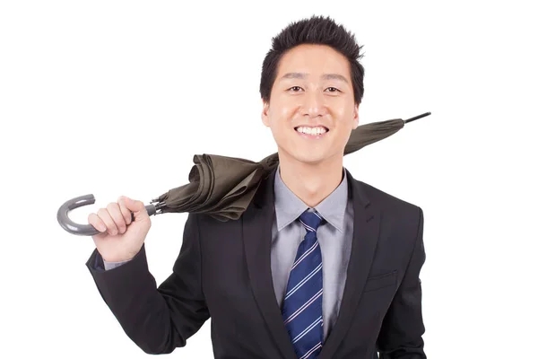 Young Businessman Holding Black Umbrella — Stock Photo, Image