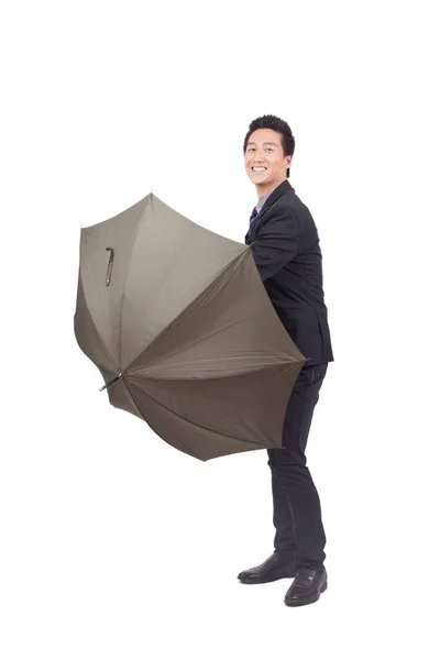 Jonge Zakenman Met Zwarte Paraplu — Stockfoto