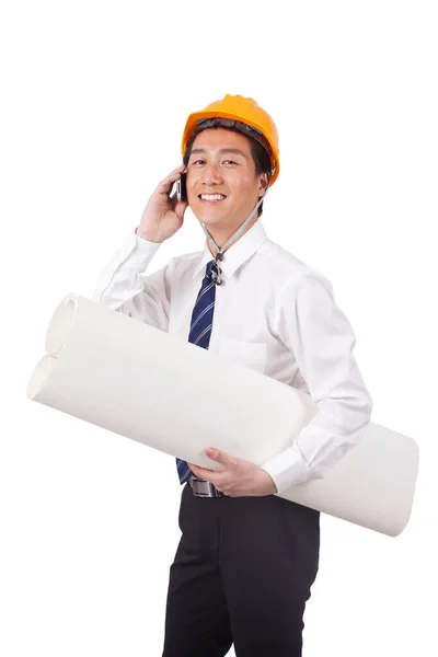 Construction Management Holding Blueprints Using Phono — Stock Photo, Image
