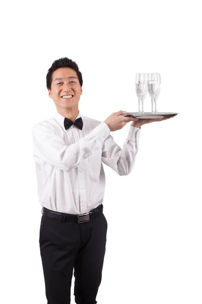 Cameriere Portando Bottiglia Vino Bicchieri — Foto Stock