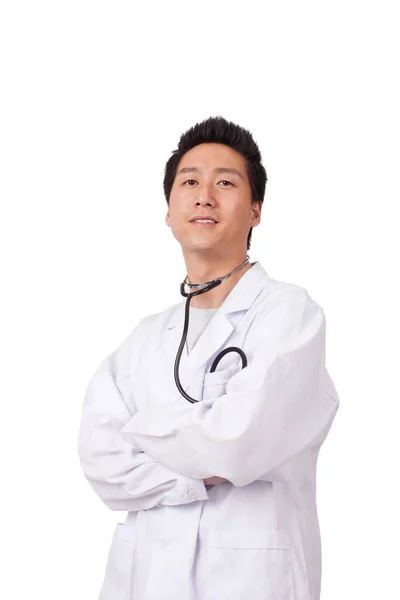 Asiática Joven Doctor Blanco Fondo — Foto de Stock