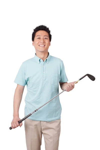 Jeune Homme Tenant Swing Golf Souriant — Photo