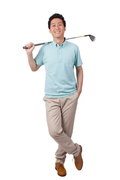 Young Man Holding Golf Swing Smiling — Stock Photo, Image